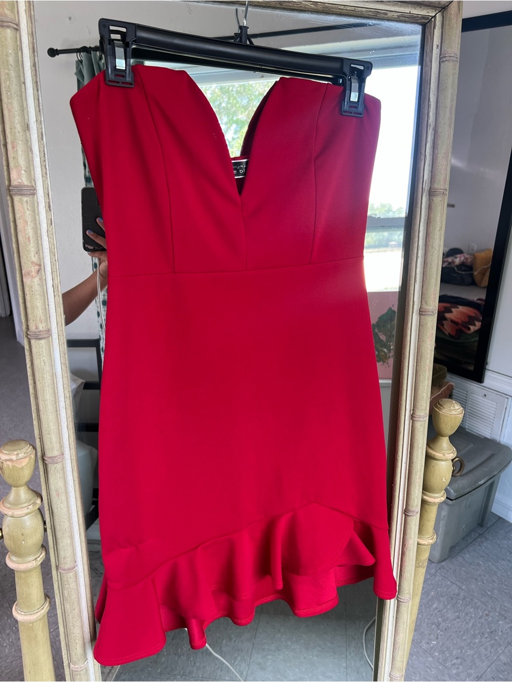 Blue Blush Strapless Red Ruffle-Hem Dress